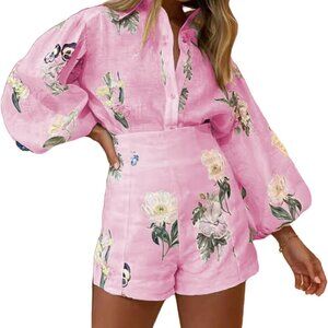 Womens 2 Piece Outfit Hawaiian Long Sleeve Button Down Shirt Shorts Tracksuit Lo